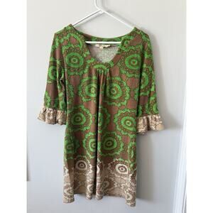 Aryeh for Anthropologie Bohemian Geometric Green Retro Dress Zipper Size Med